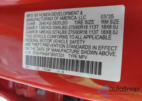 2026 Honda Passport Awd Trailsport Elite/Awd Trailsport Elite Blackout из США, поврежденный, VIN 5FNYF9H84TB007331